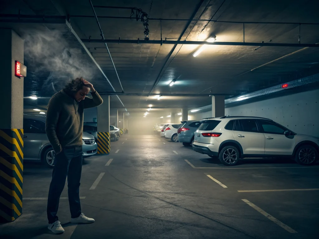 Hombre de pie en el sótano de parqueo de un edificio, con humo visible en el aire y carros estacionados al fondo